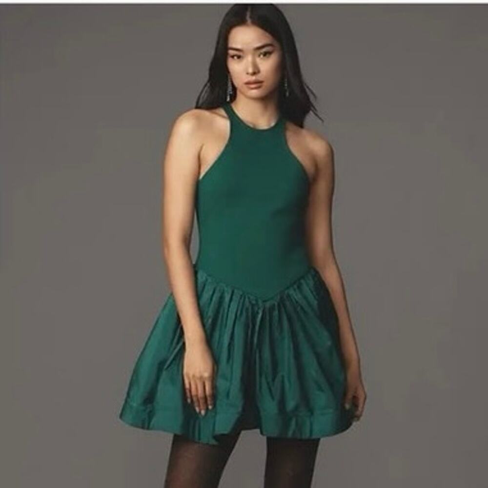 Maeve Size XL Halter Fit & Flare Mini Dress Green Holiday Taffeta Anthropologie